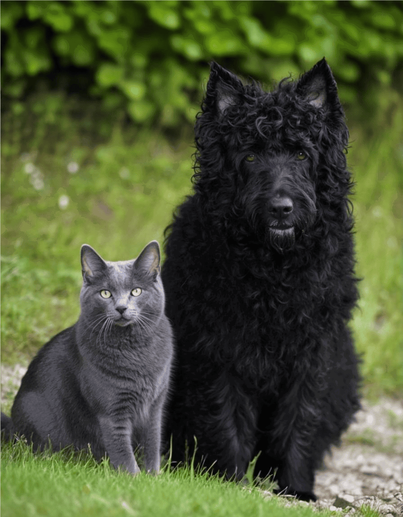 Adorable black dog and gray cat sitting together in lush outdoor setting.