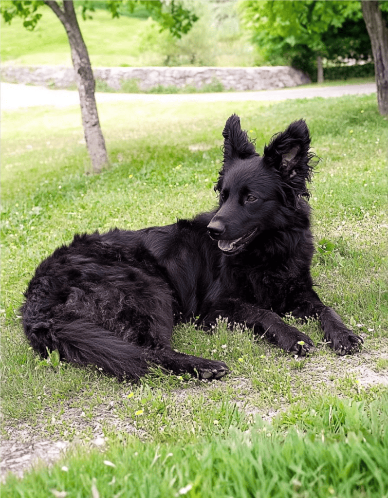 Adorable black dog relaxing on grassy park lawn, capturing playful and happy moments outdoors.