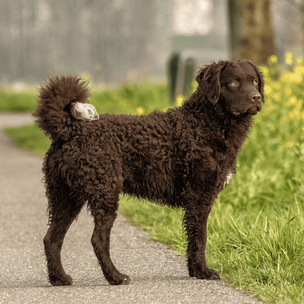 Adorable curly-coated dog enjoying a walk on a nature trail, perfect for pet lovers and dog care enthusiasts.