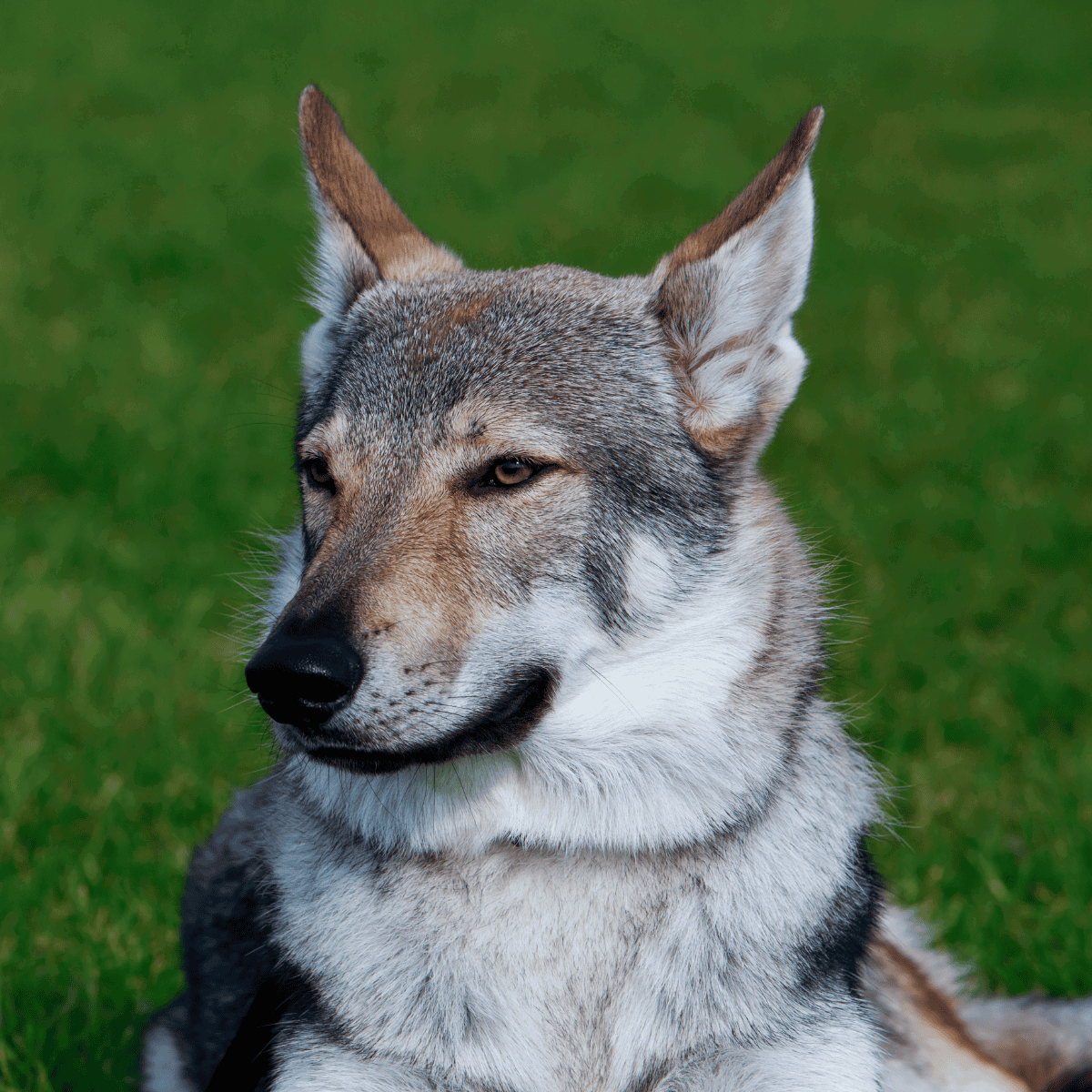 Sharp-focused wolf dog with alert eyes and pointed ears, sitting on lush green grass in natural outdoor setting.