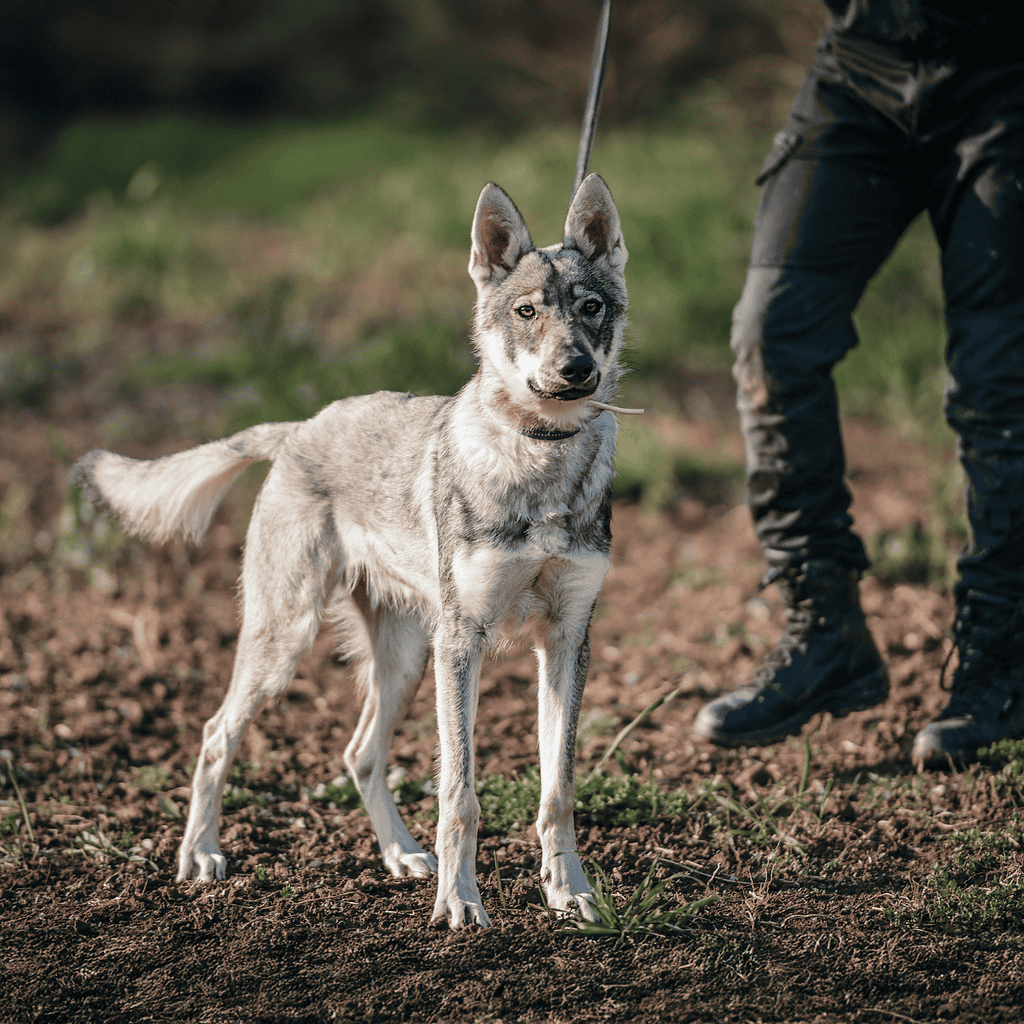 Young husky mix with striking blue eyes standing on dirt ground during outdoor walk.