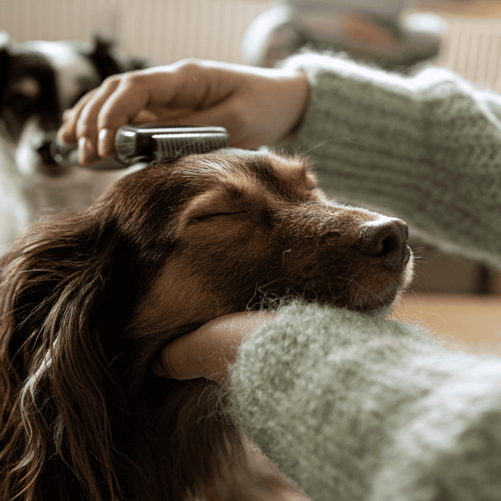 Close-up of a person brushing a relaxed, long-haired brown dog for grooming or grooming services.