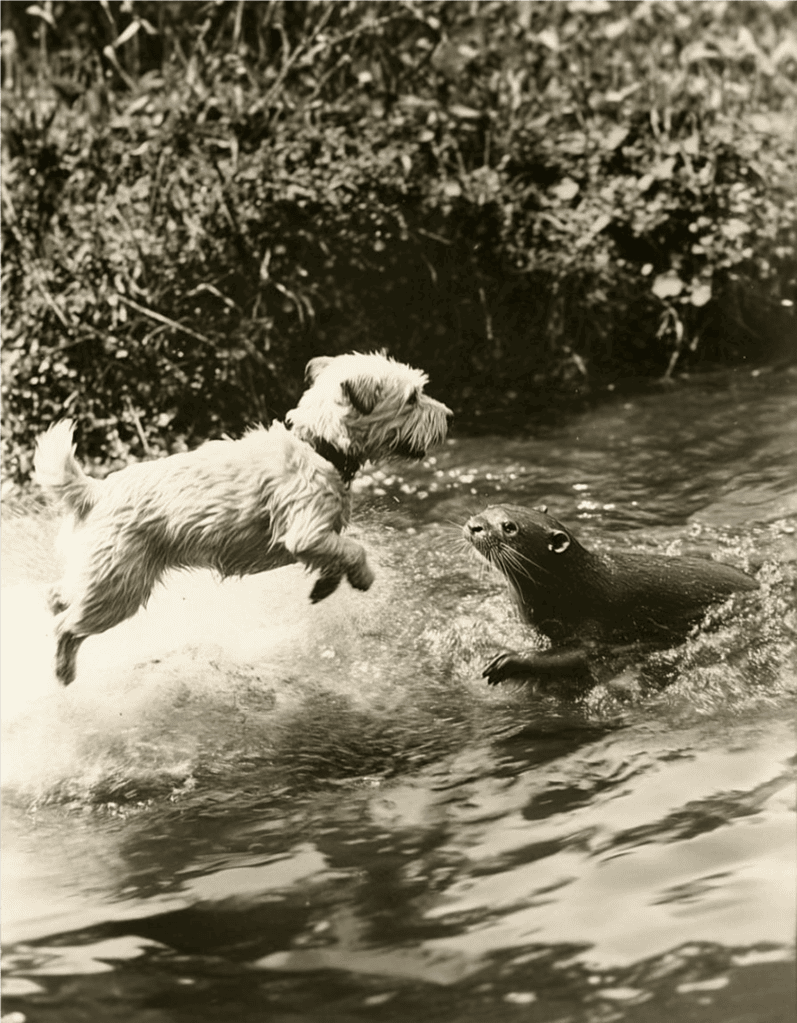 Adorable dog leaping in water, playing with a curious otter in a natural outdoor setting.