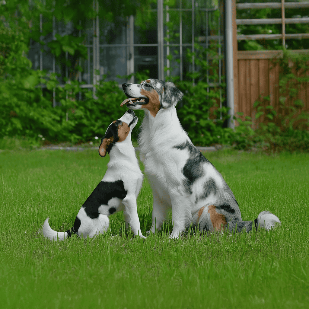 Playful Australian Shepherd and Beagle puppies on green lawn, happy dogs, canine bonding.