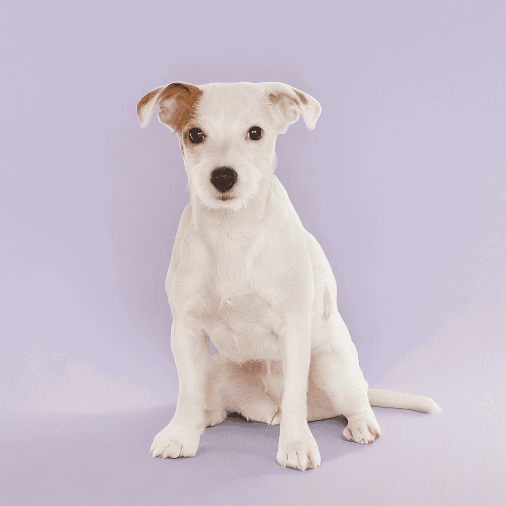 Adorable white Jack Russell dog with a curious expression, sitting attentively.