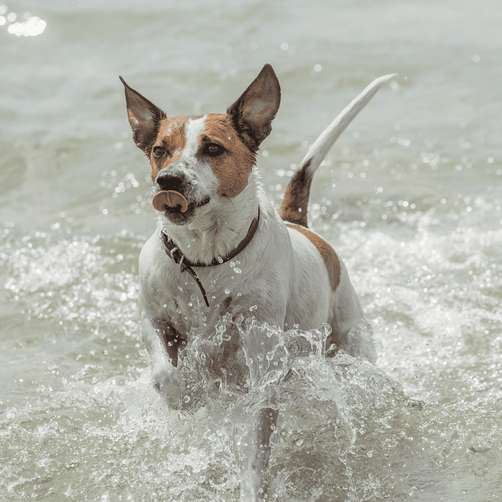 Dog fetching in water, indoor and outdoor pet care, healthy dog lifestyle, waterproof gear.