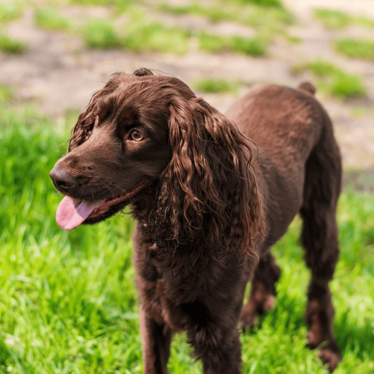 Friendly brown spaniel dog close-up outdoors.