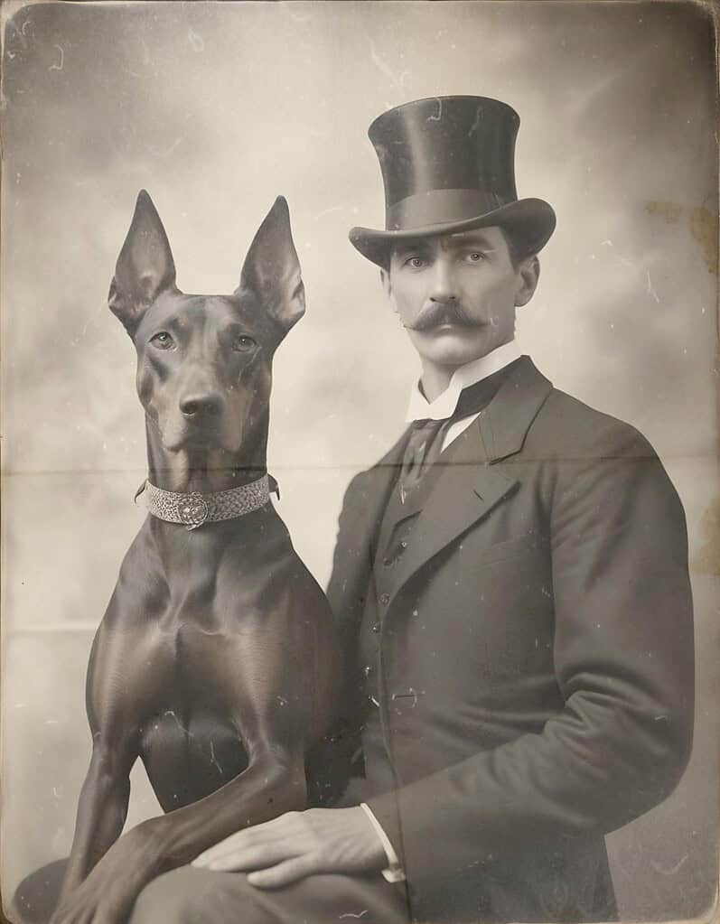 A classic vintage photo of a man in Victorian attire with a sleek dog, showcasing timeless elegance.