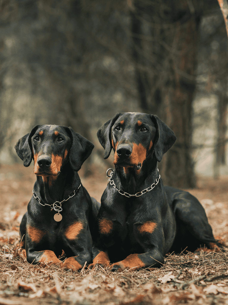 Adorable Doberman dogs laying on fallen leaves, showcasing loyal companionship during outdoor adventures.