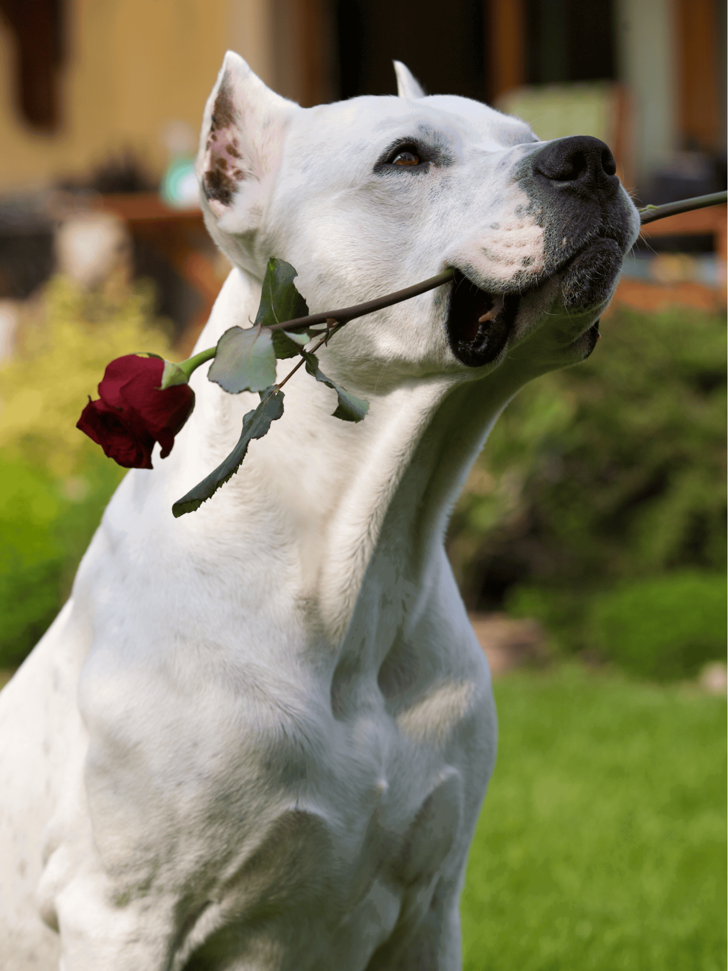 Dog holding a red rose in mouth, outdoor garden setting, symbolizing love and affection.