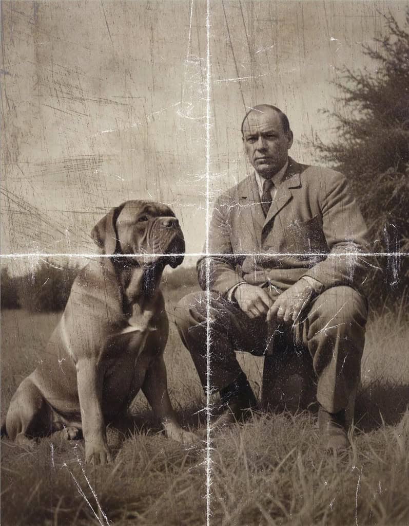 Vintage black and white photo of a man with a large dog outdoors.