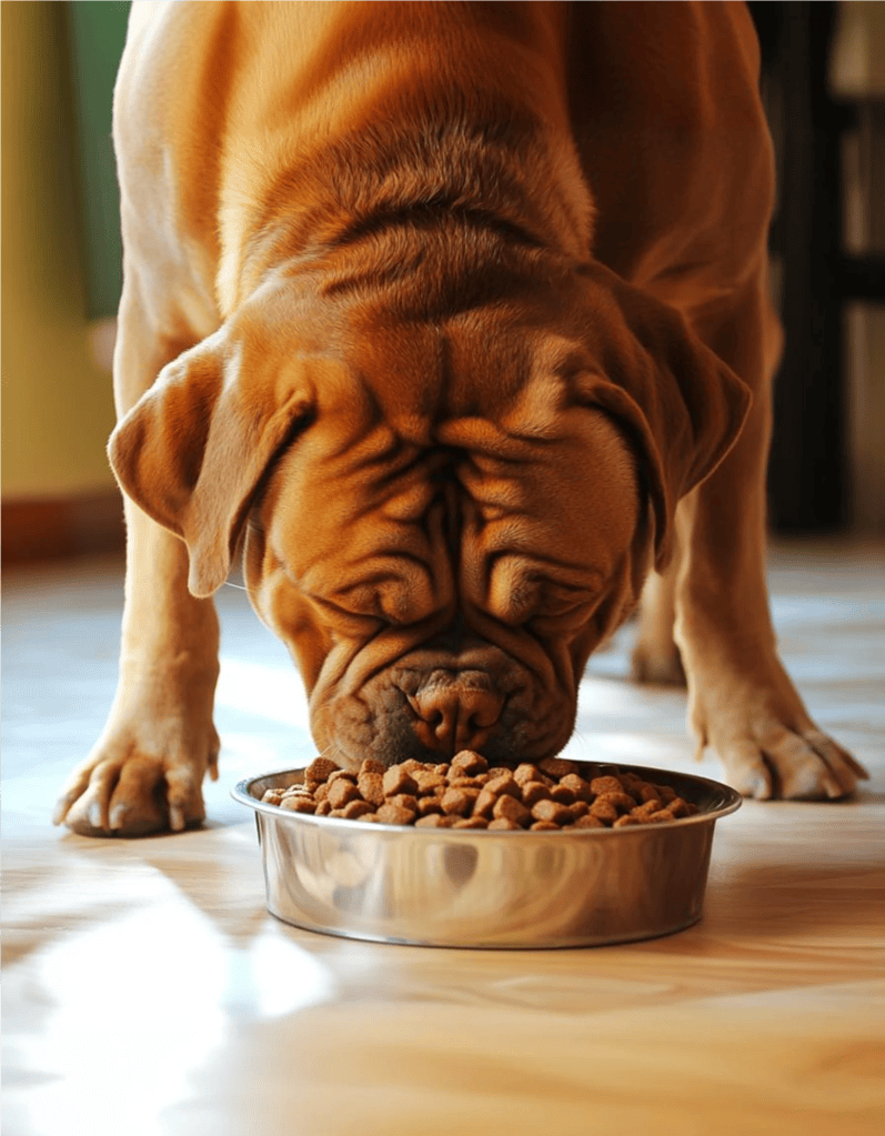 Adorable English Bulldog eating kibble from a stainless steel bowl.