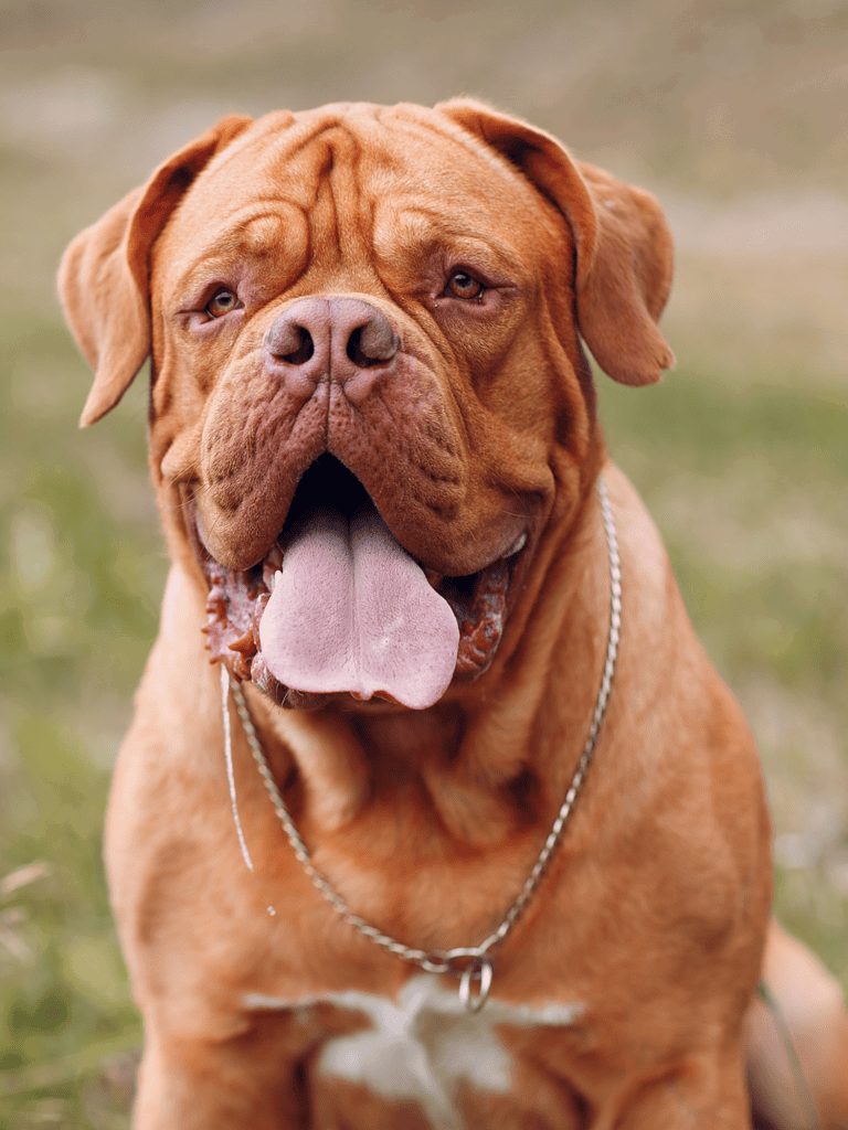 Close-up of happy bulldog with tongue out on green grass.