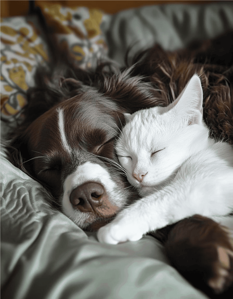 Adorable dog and white cat sleeping together, showcasing pet companionship and comfort.