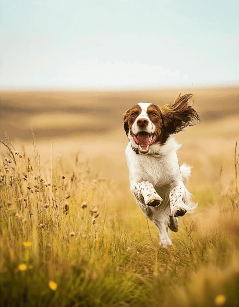 Dog running joyfully through a grassy field in a natural outdoor setting.