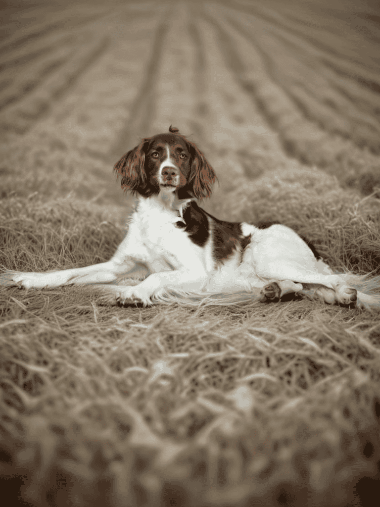Adorable dog resting on hay in a rural outdoor setting, perfect for dog lovers.