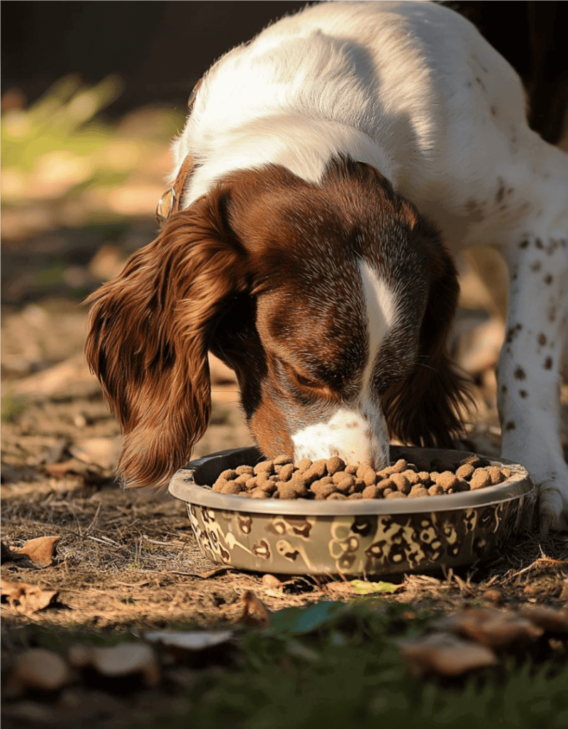 Adorable dog with long ears enjoying a meal from a patterned bowl in a natural setting.