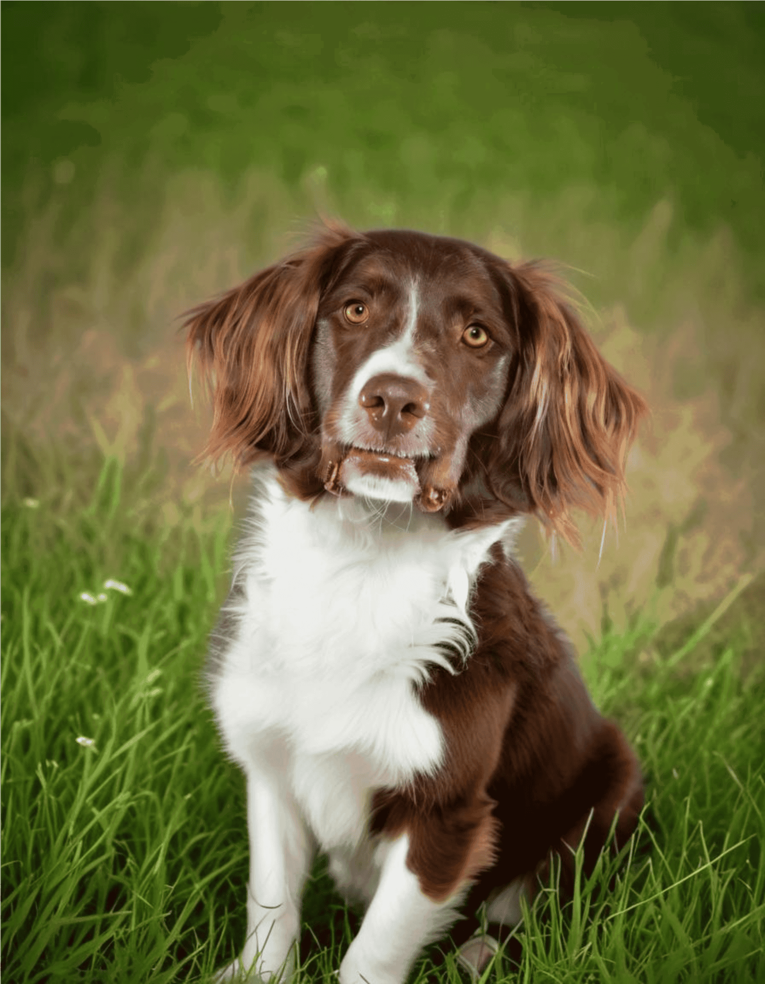Dog sitting outdoors on grass, happy and attentive, perfect for pet care and dog health websites.