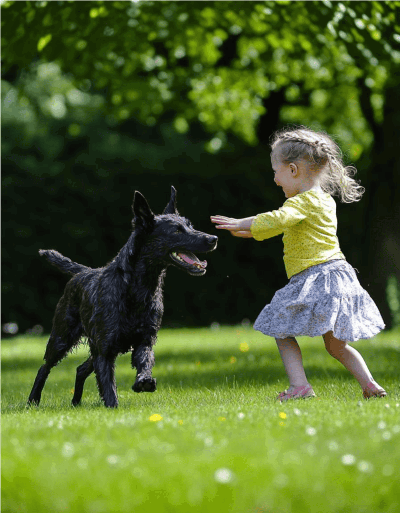 Girl playing with her dog outdoors in a park with green trees.