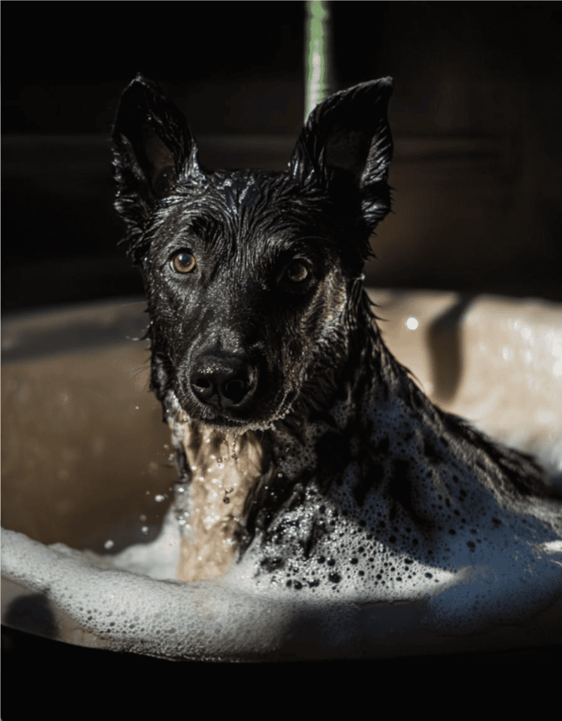 Cute black and tan dog splashing in a shallow pool.