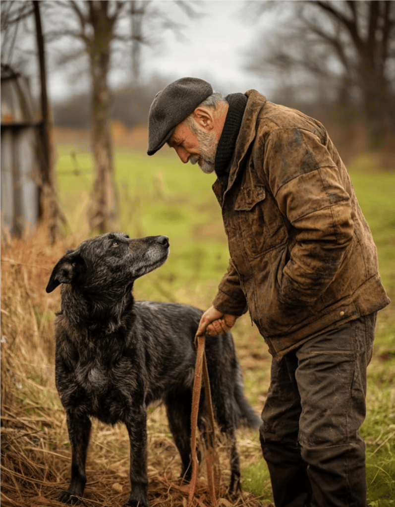 Loyal dog and owner in peaceful outdoor countryside landscape.