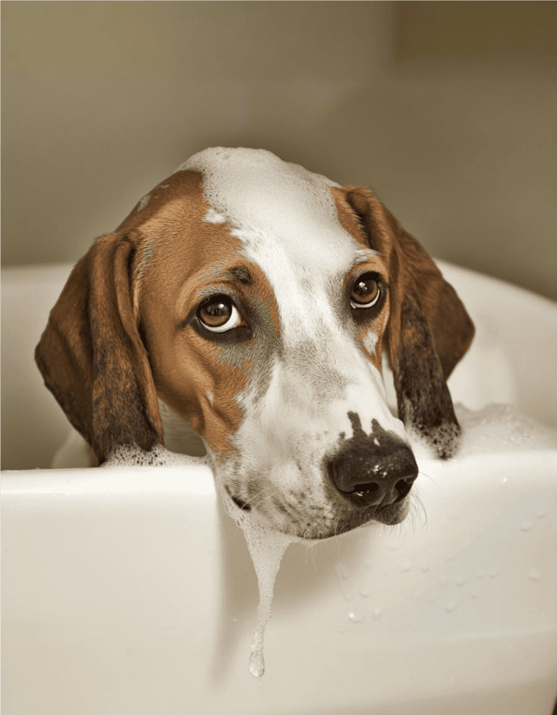 Dog bath with soap suds, hygiene, grooming, pet care, dog grooming services.