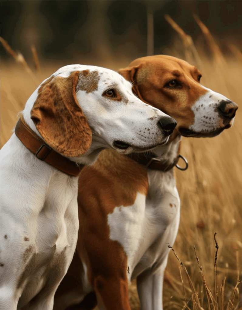 Beautiful hound dogs in a grassy field look alert and attentive.