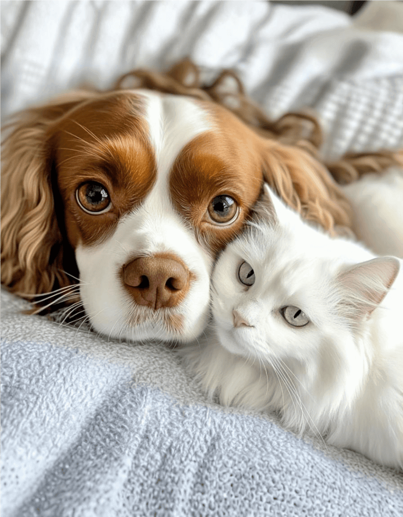 Cuddling dog and cat, cozy blanket, friendly pets, adorable animals, dog and cat friendship, pet companionship.