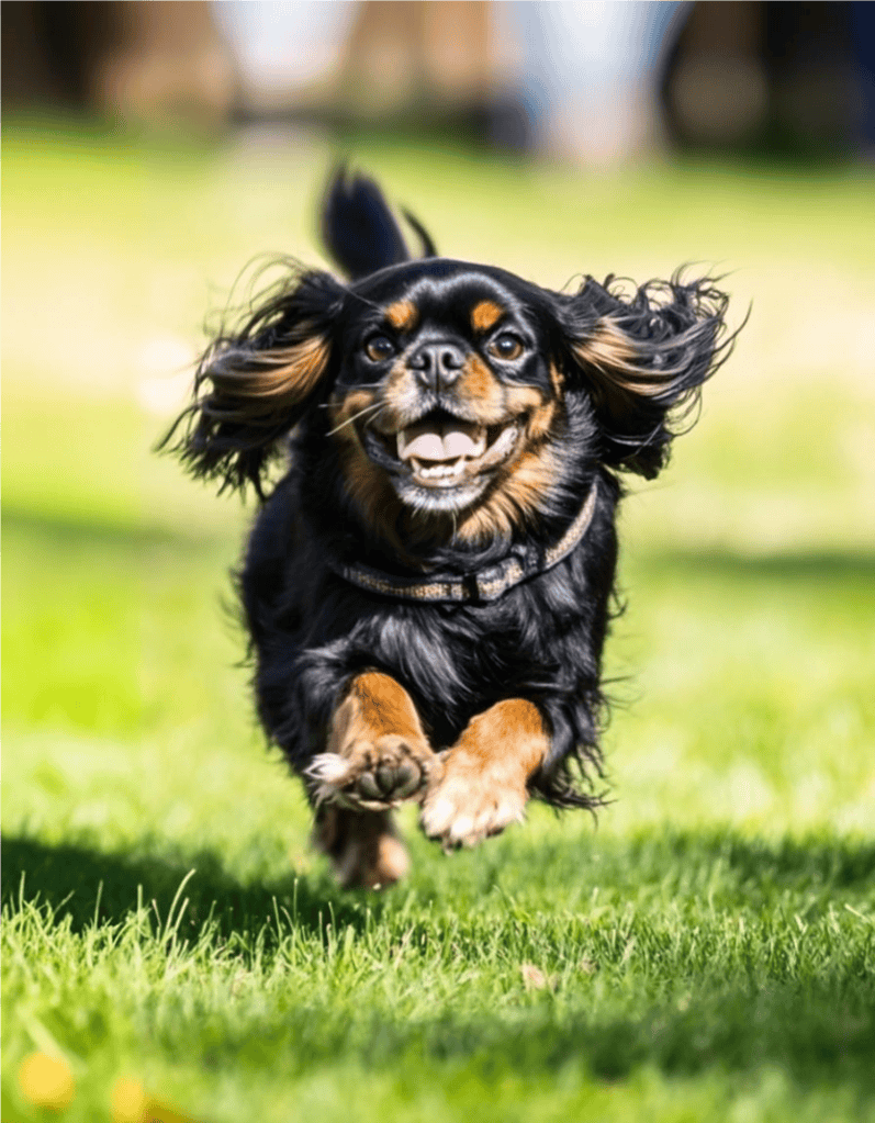 Playful dog running in green grass with joyful expression, showcasing active dog care and outdoor pet activities.