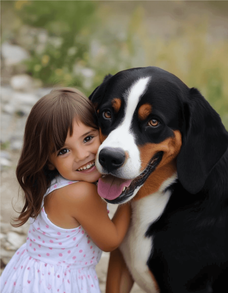 Adorable girl hugging friendly Bernese Mountain Dog outdoors.