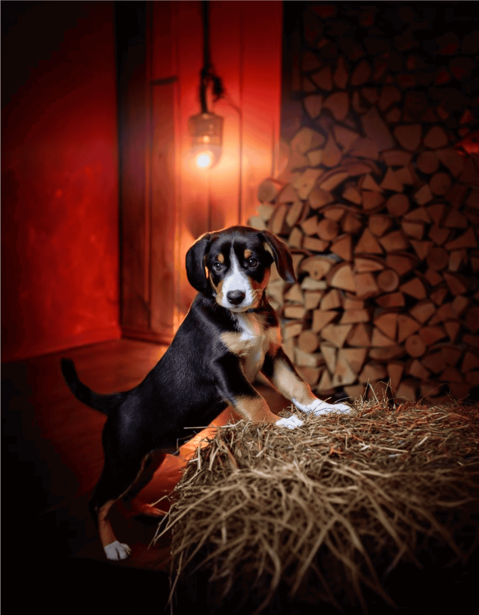 Adorable young dog sitting near pile of chopped firewood in warm, inviting cabin interior.