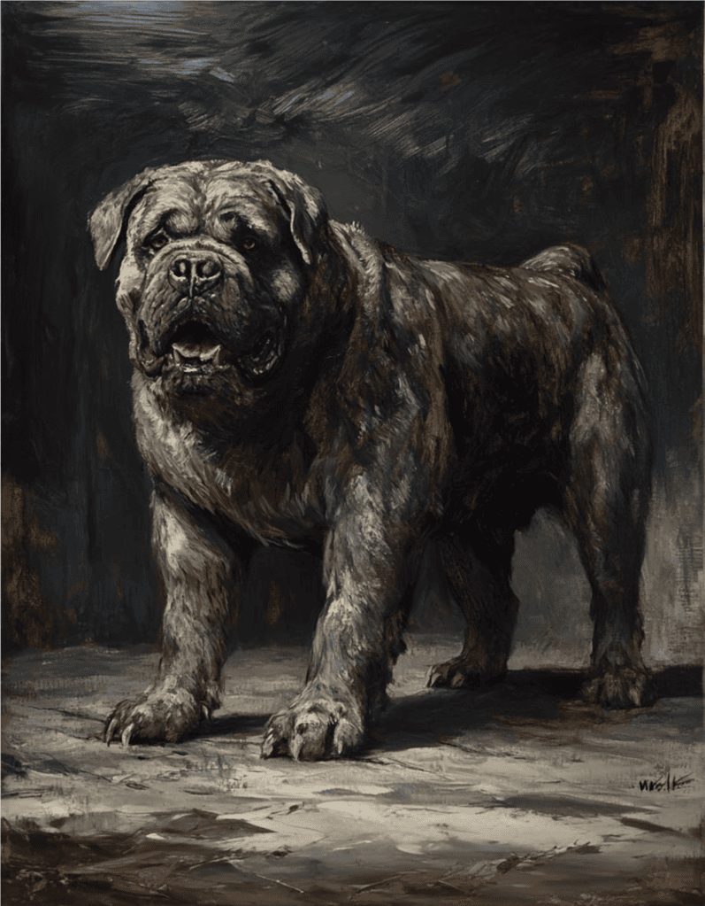 Detailed painting of a large, powerful bulldog with a dark background.