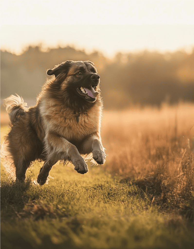 Large happy dog playing outside at sunset in a field, enjoying outdoor exercise and joyful moments.