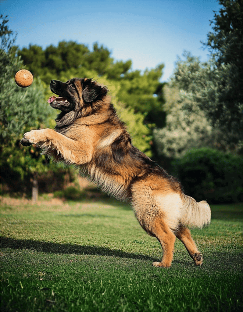 A happy German Shepherd jumping to catch a ball in a green park.