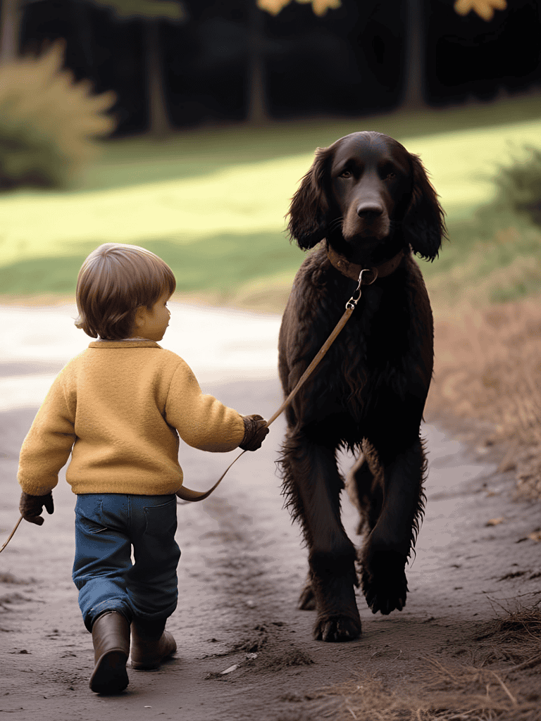 Adorable child holding leash, walking a friendly retriever dog on a trail outdoors.