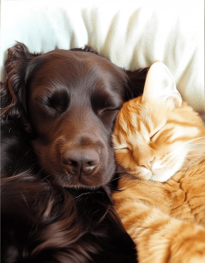 Adorable dog and kitten sleeping together.
