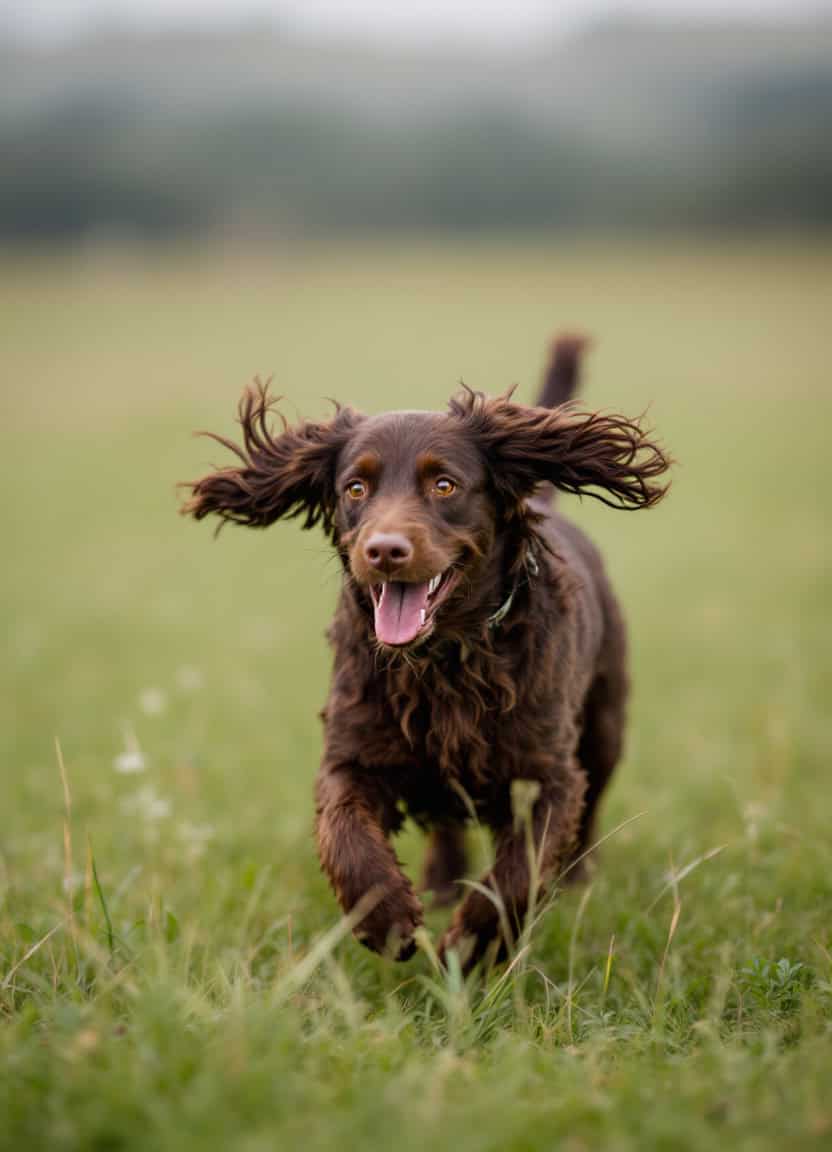 Dog playing fetch in grassy field during daytime.