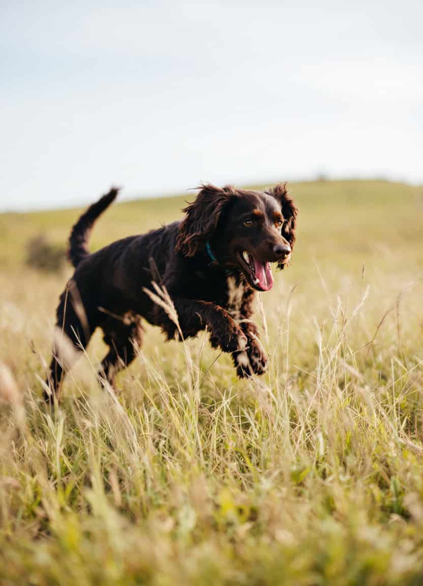 Adorable dog running in grassy field, happy and energetic.