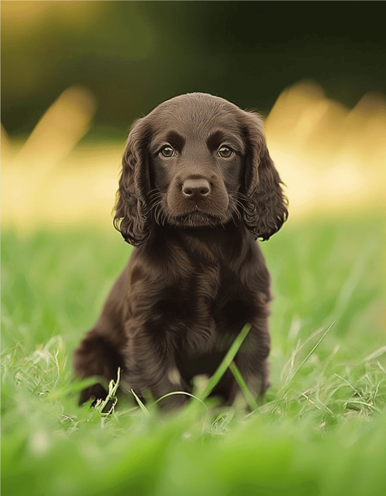 Cute chocolate Labrador puppy in green field.