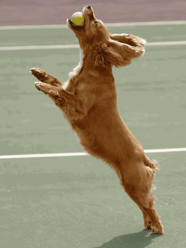 Dog catching tennis ball while jumping on the tennis court.