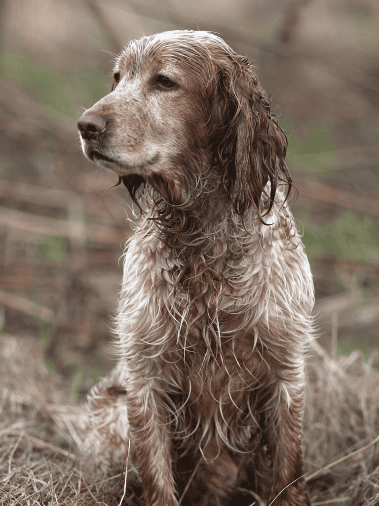 A wet, outdoorsy dog sits calmly in a natural environment, showcasing its waterproof coat and love for outdoor water activities.