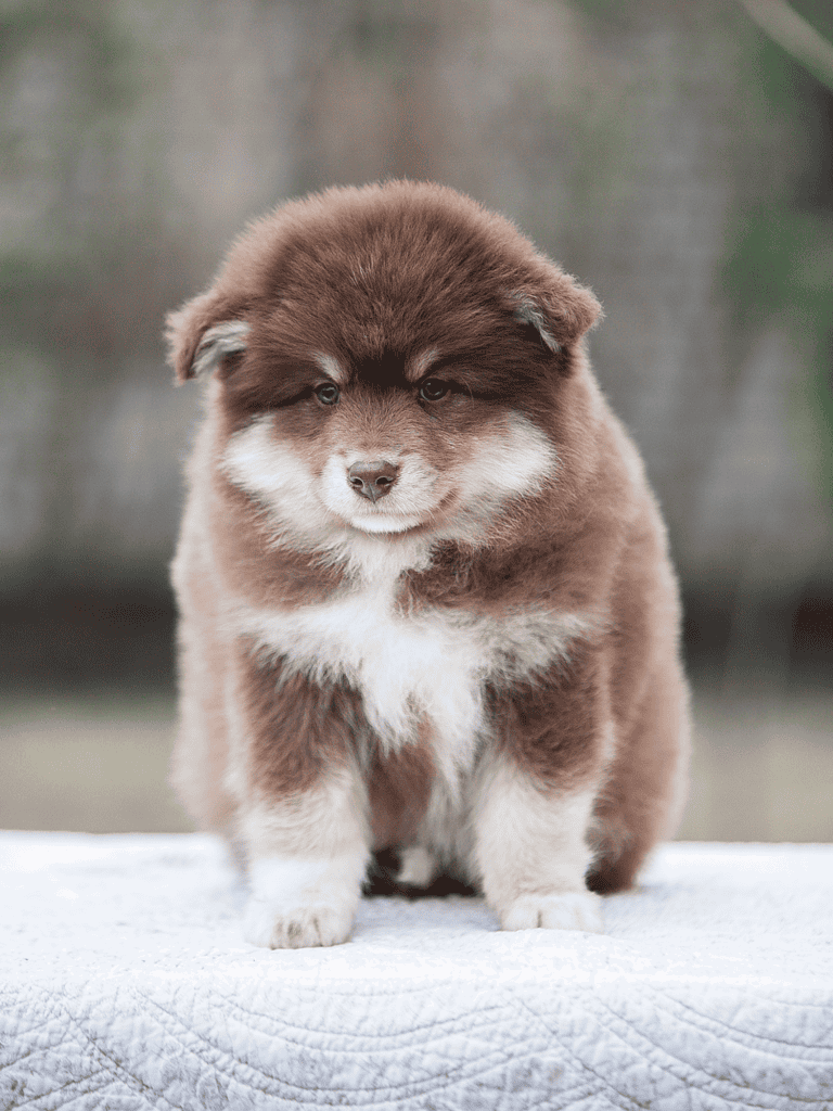 Adorable fluffy puppy with thick brown and white fur, sitting on a blanket in a natural setting.