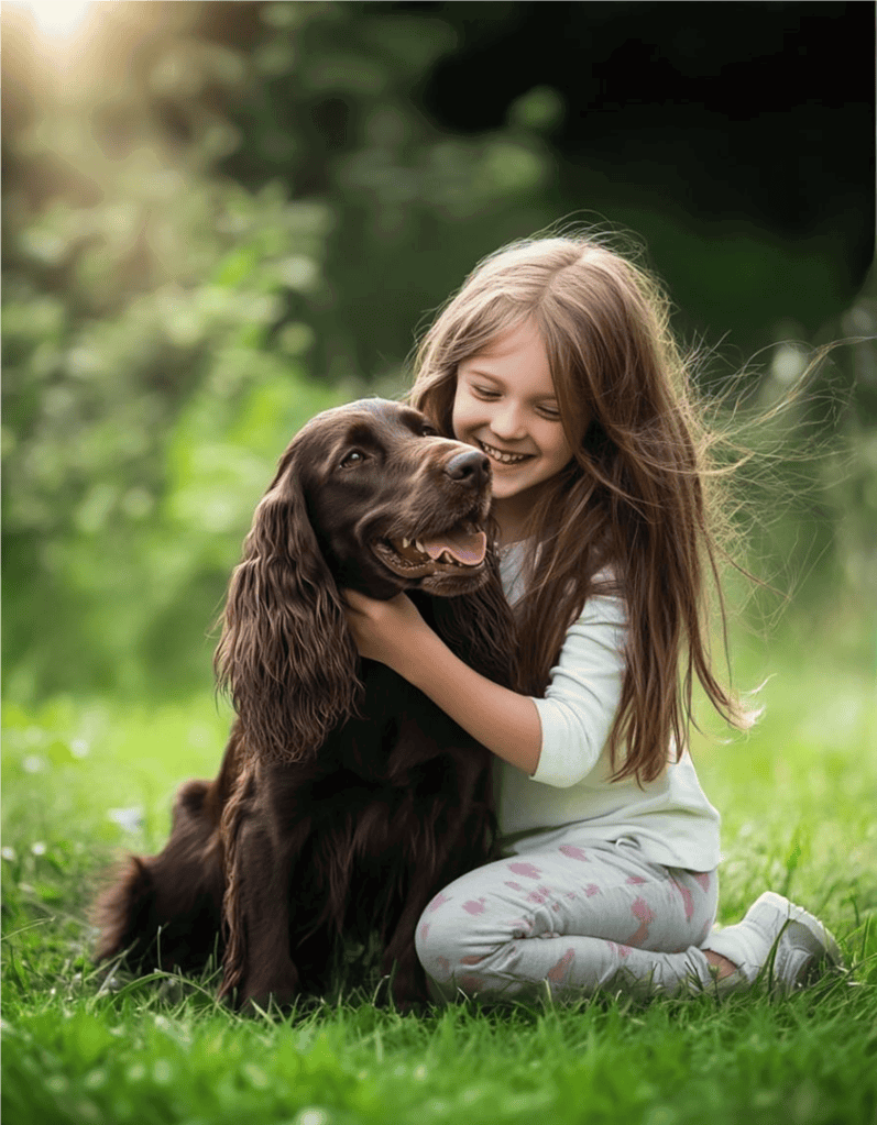 Adorable girl hugging her happy brown spaniel dog in a vibrant outdoor park setting.