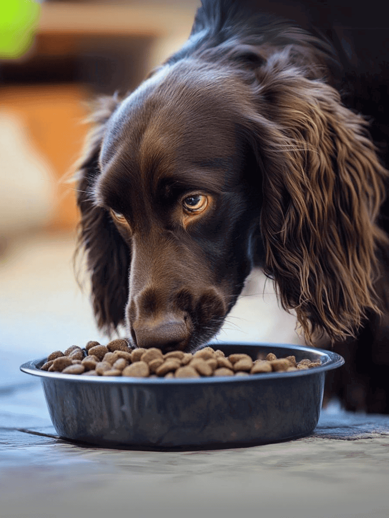 Close-up of a happy, healthy dog eating dry dog food in a bowl.