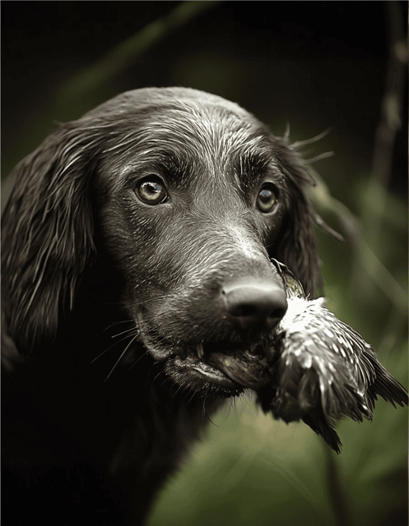 Labrador retriever dog holding a bird in its mouth outdoors, showcasing hunting or wildlife interaction.
