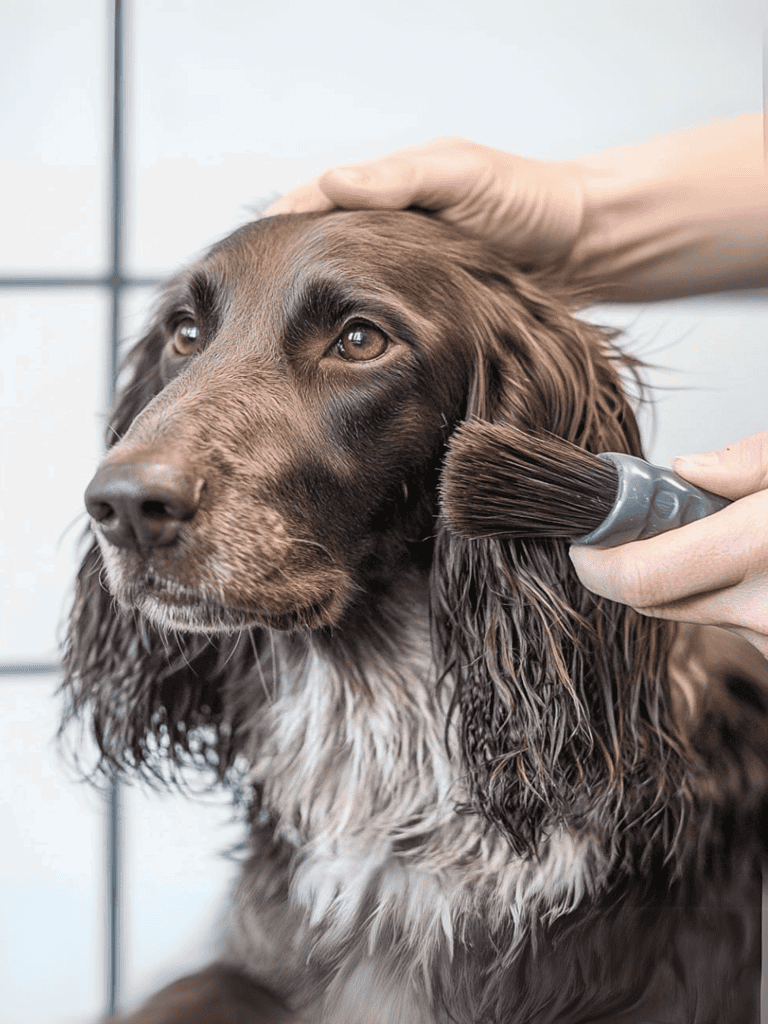 Dog getting brushed at grooming salon.