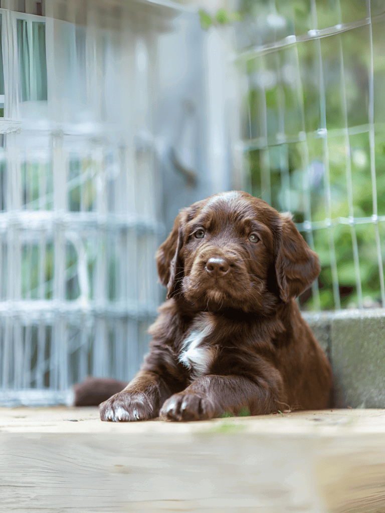 Adorable brown puppy relaxing outdoors in kennel, cute puppy, pet care, dog shelter, outdoor dog resting, canine comfort.