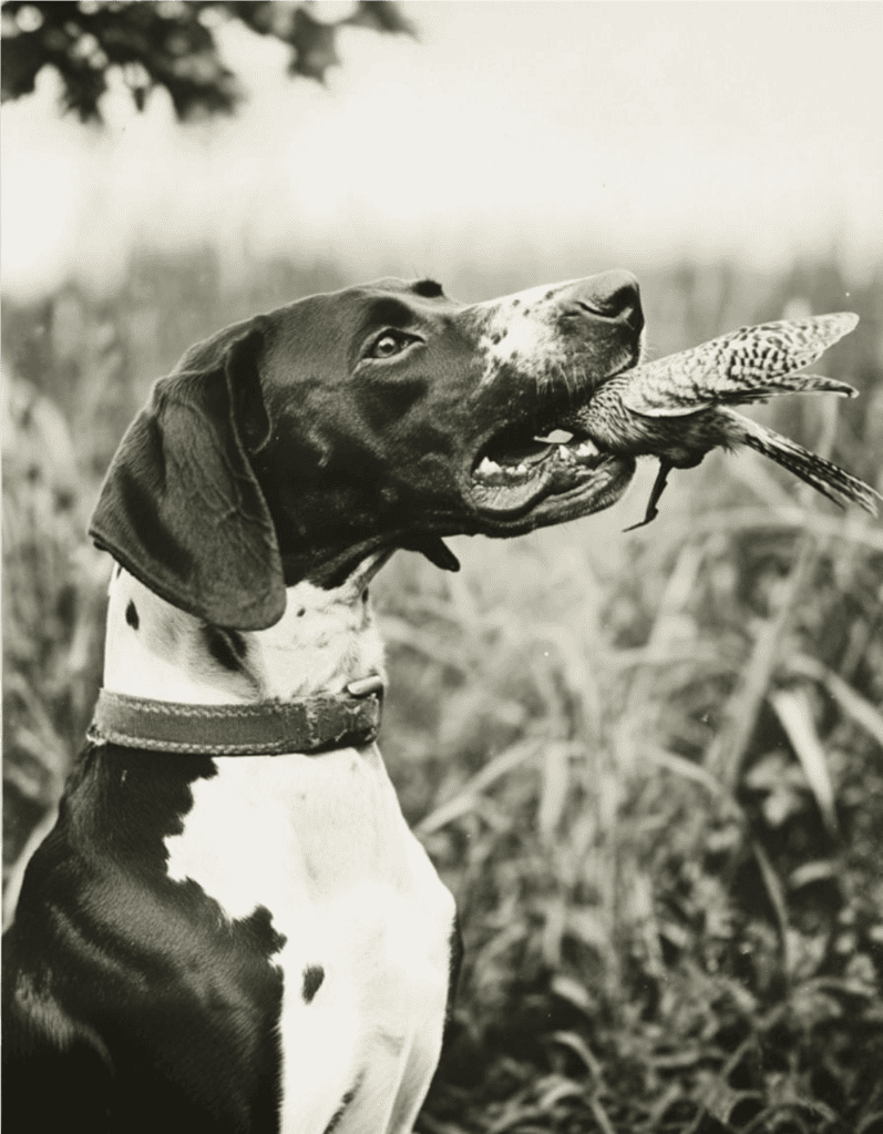Dog with a bird in its mouth outdoors in a natural setting.