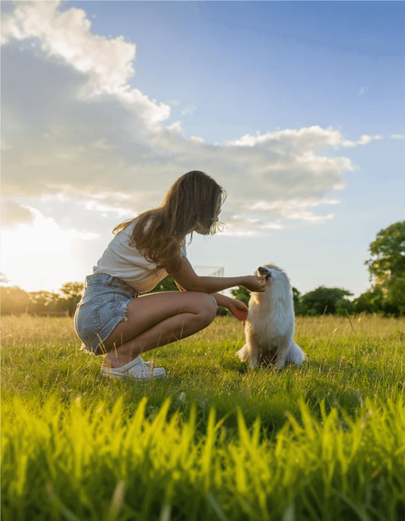 Happy woman training her dog in a grassy park at sunset.