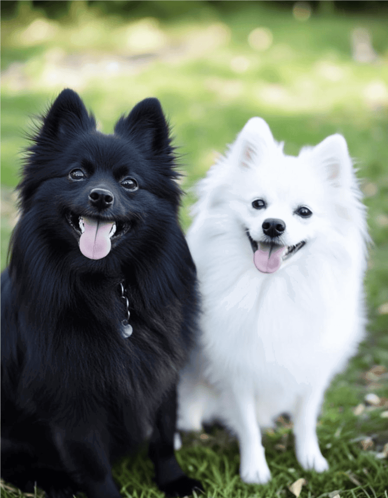 Adorable black and white Pomeranians smiling in a lush green park.